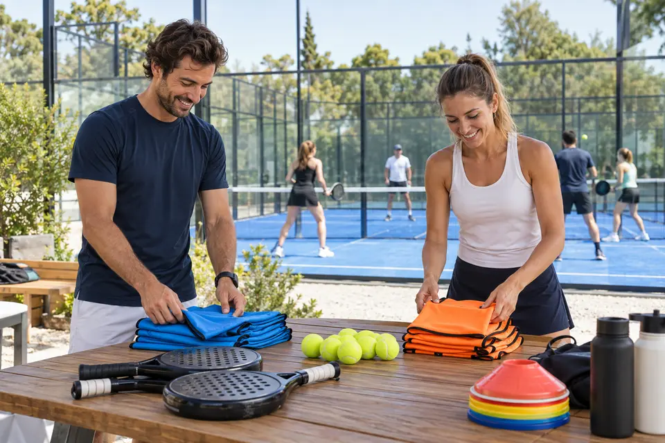 Scène illustrative d'organisateurs préparant un événement communautaire de padel